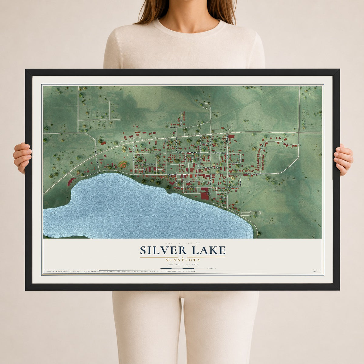 Map of Silver Lake, Minnesota, 24 x 36 inch print in a black wood frame