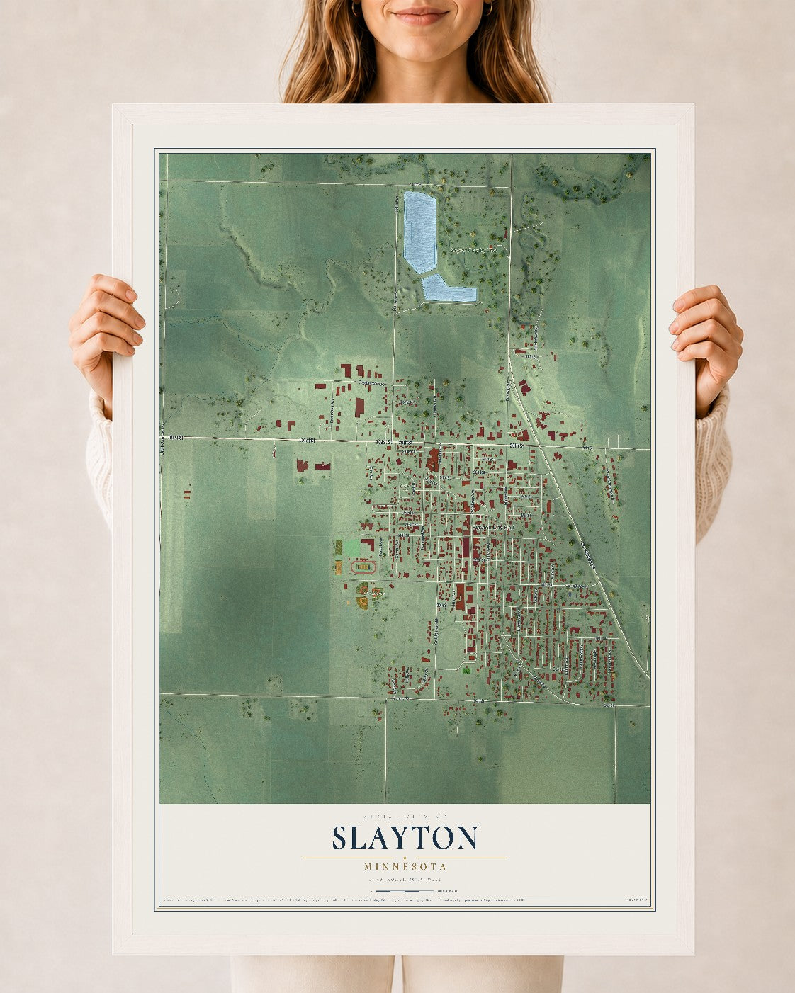 Map of Slayton, Minnesota, 24 x 36 inch print in a white wood frame