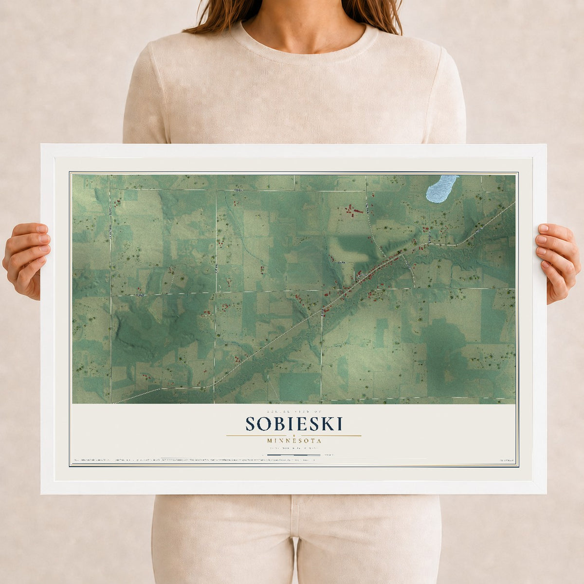 Map of Sobieski, Minnesota, 12 x 18 inch print in a white wood frame