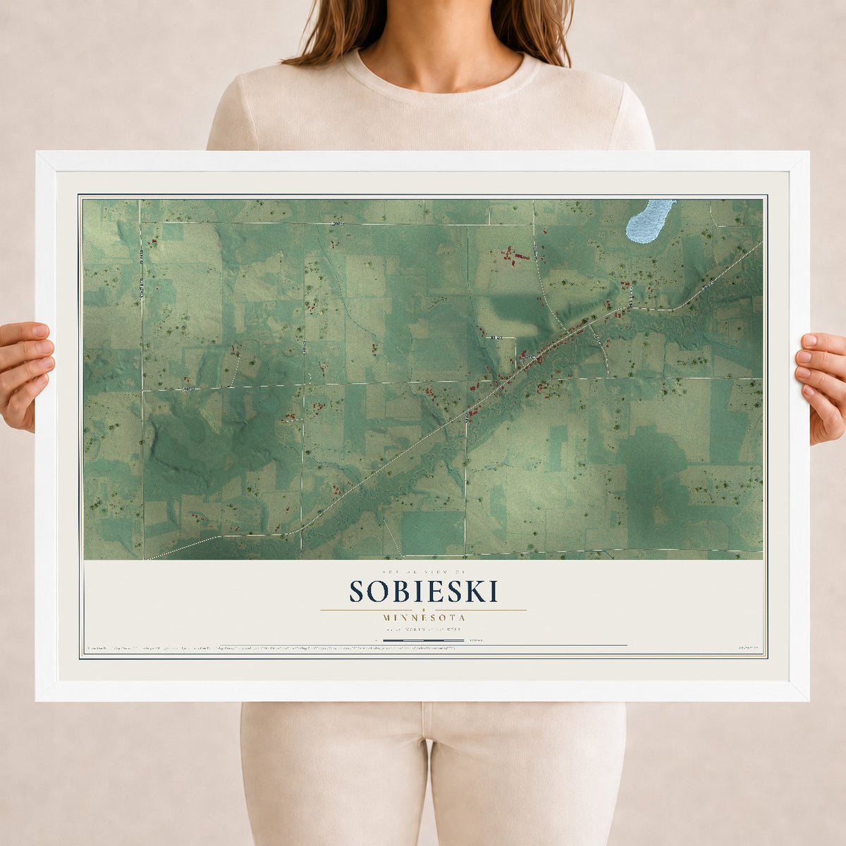 Map of Sobieski, Minnesota, 18 x 24 inch print in a white wood frame