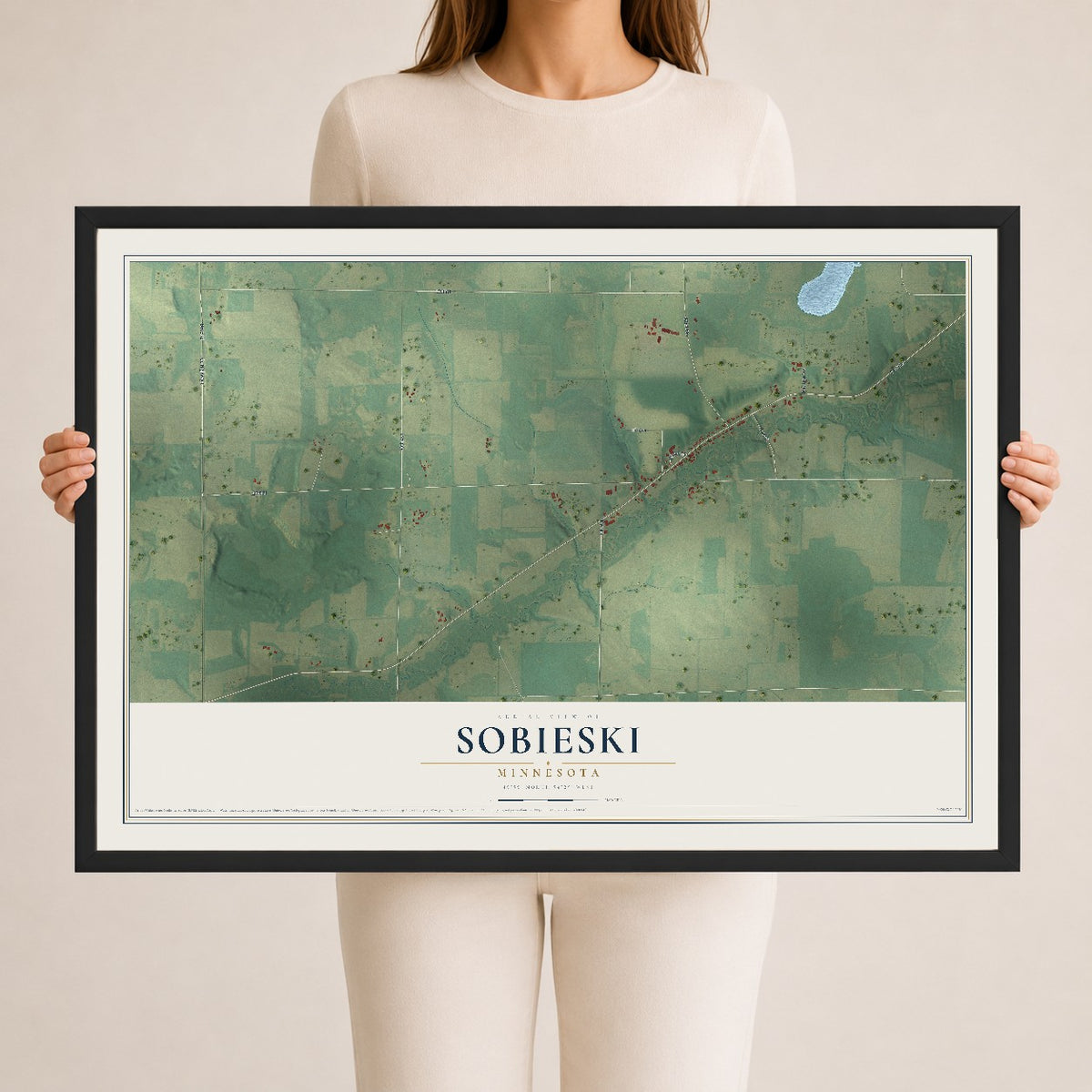 Map of Sobieski, Minnesota, 24 x 36 inch print in a black wood frame