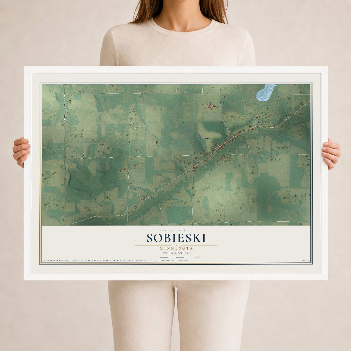 Map of Sobieski, Minnesota, 24 x 36 inch print in a white wood frame