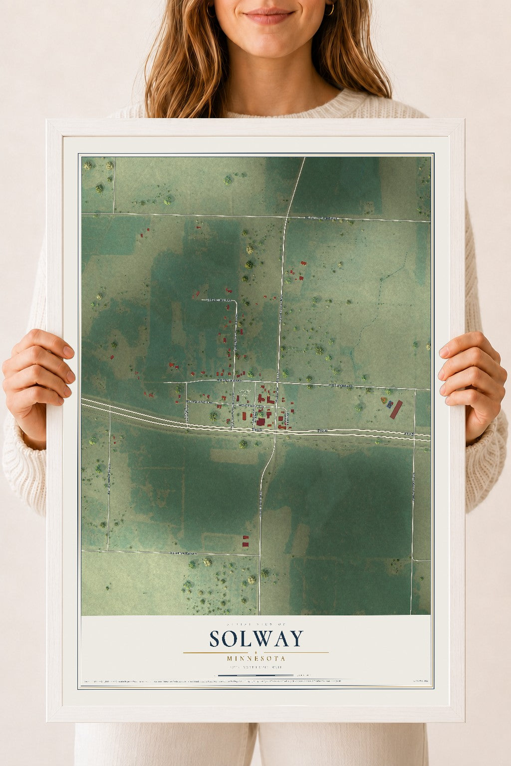 Map of Solway, Minnesota, 18 x 24 inch print in a white wood frame