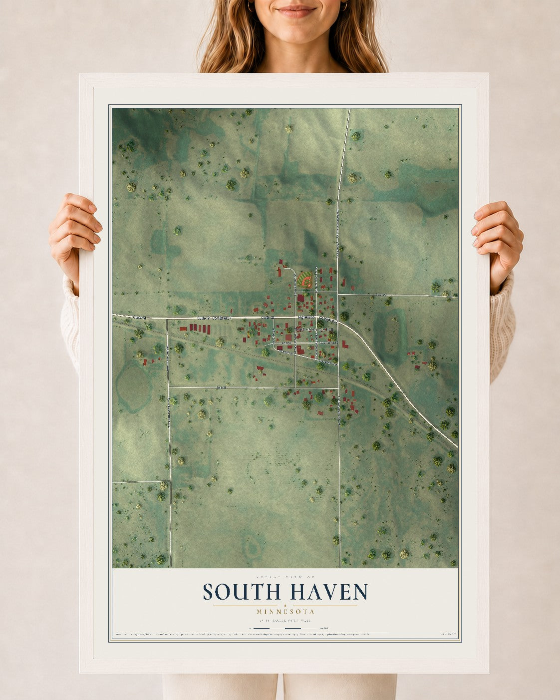 Map of South Haven, Minnesota, 24 x 36 inch print in a white wood frame