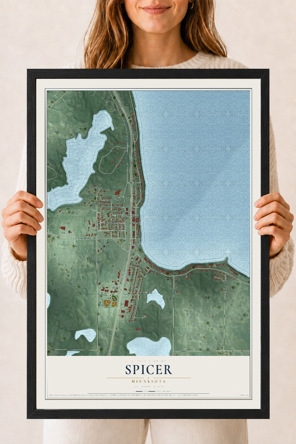 Map of Spicer, Minnesota, 18 x 24 inch print in a black wood frame