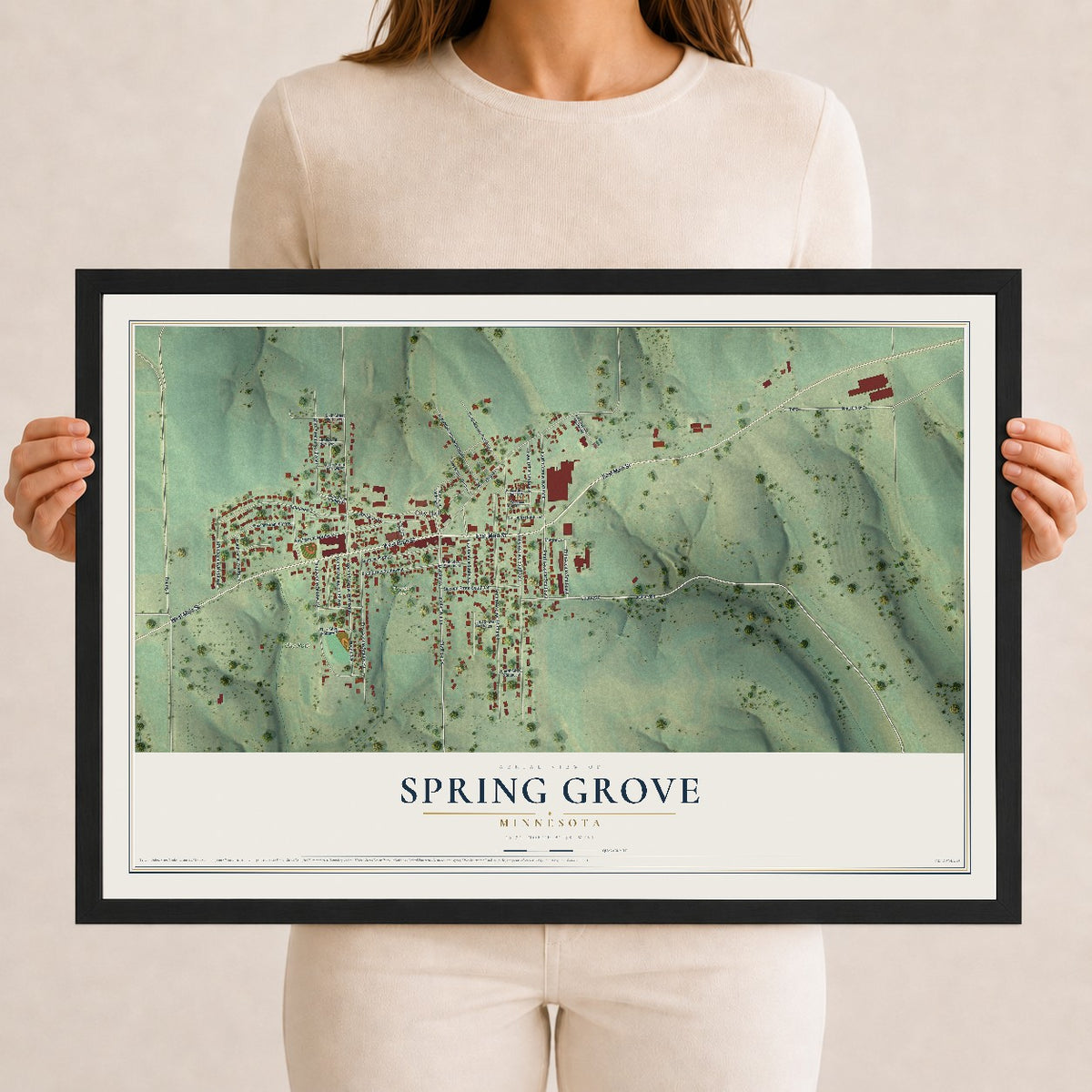Map of Spring Grove, Minnesota, 12 x 18 inch print in a black wood frame