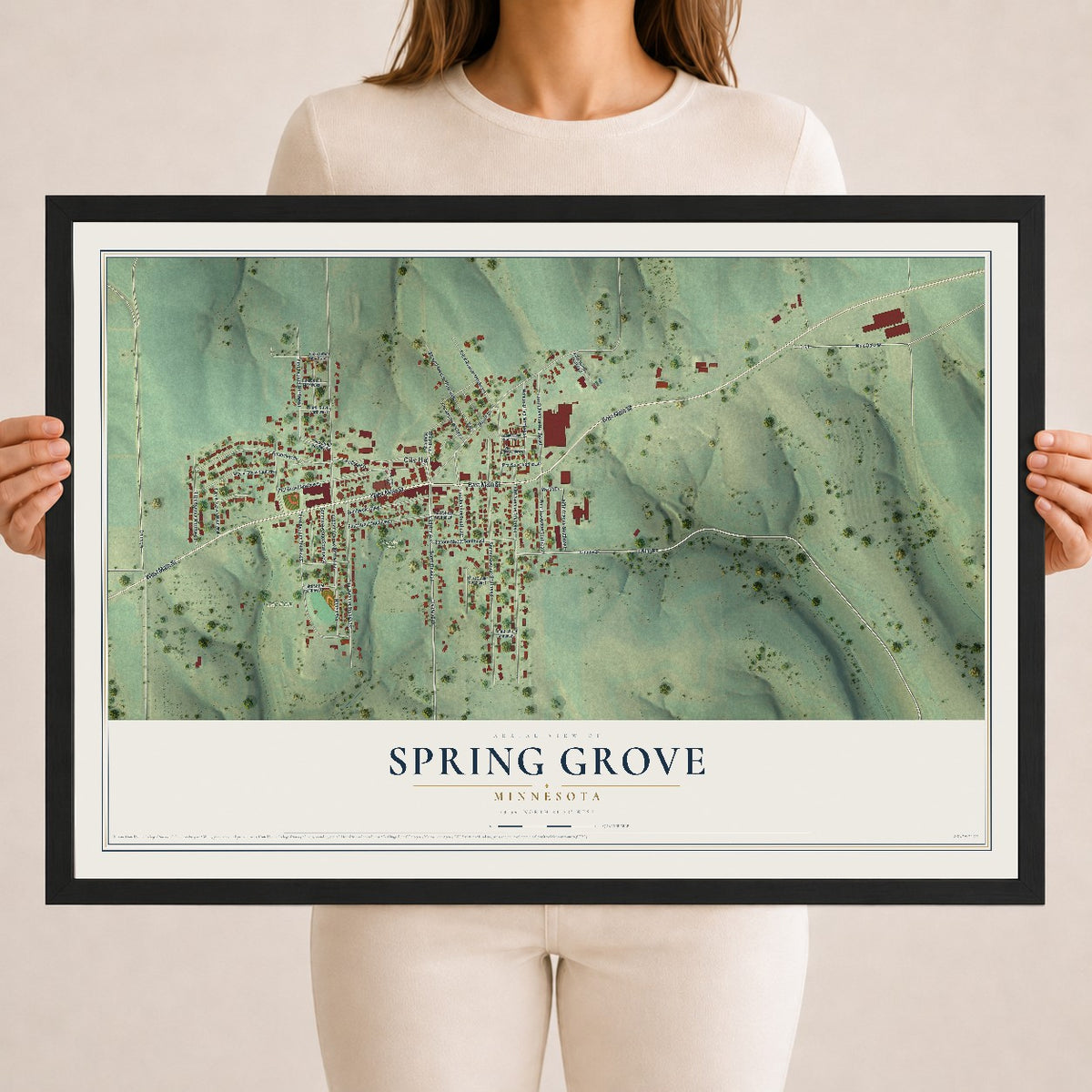 Map of Spring Grove, Minnesota, 18 x 24 inch print in a black wood frame