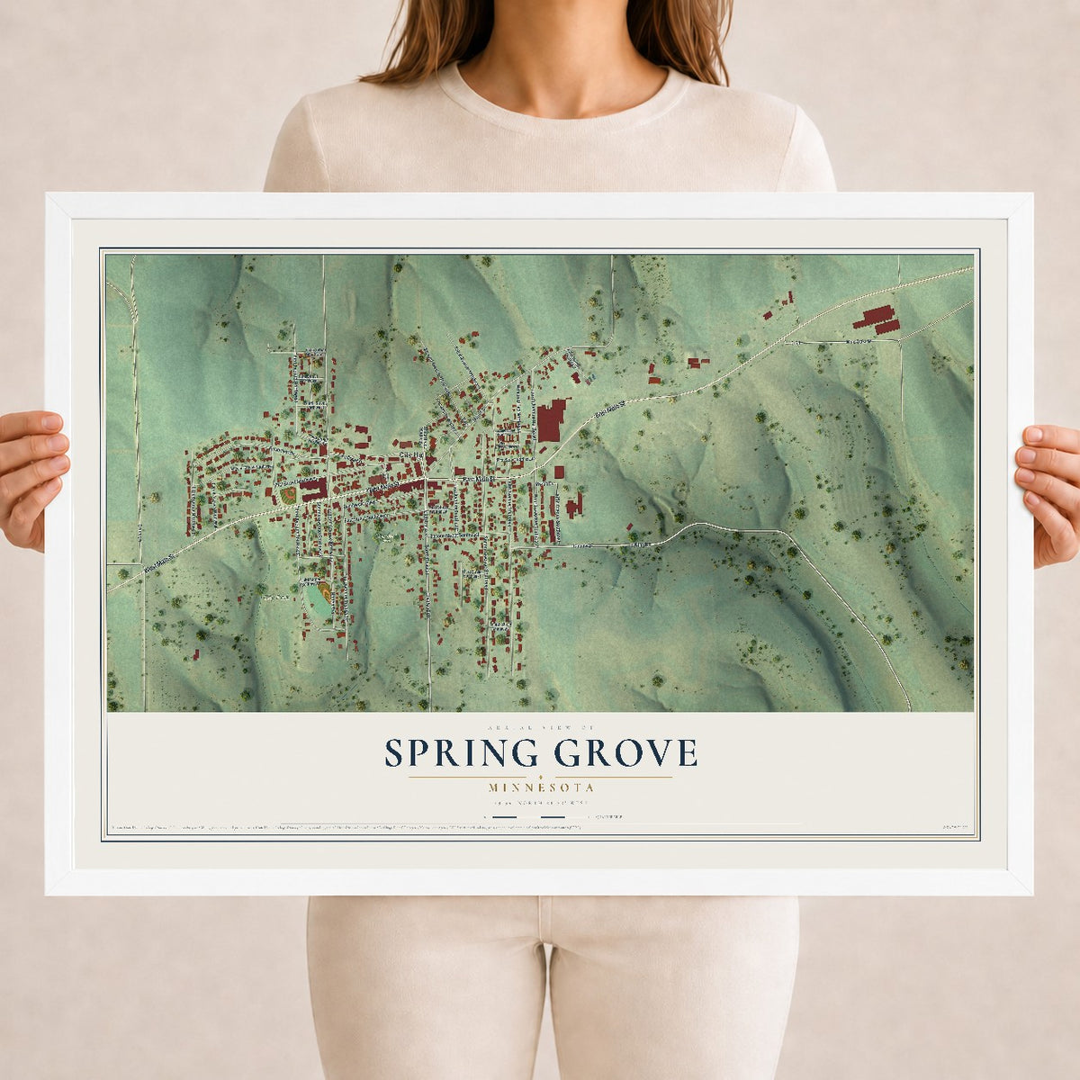 Map of Spring Grove, Minnesota, 18 x 24 inch print in a white wood frame