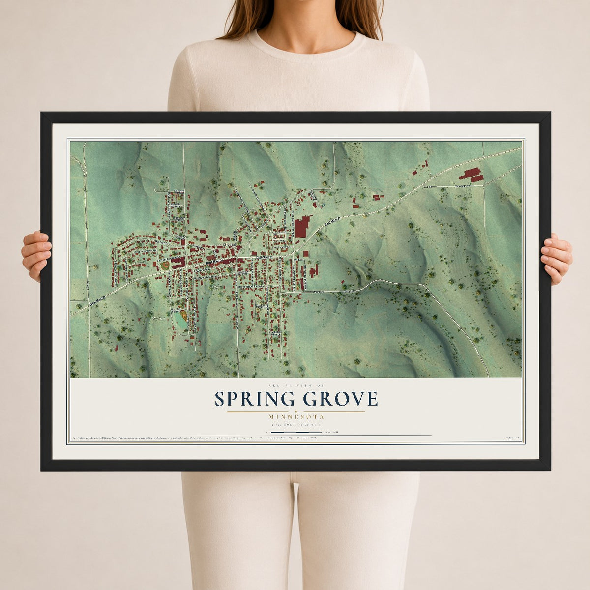 Map of Spring Grove, Minnesota, 24 x 36 inch print in a black wood frame