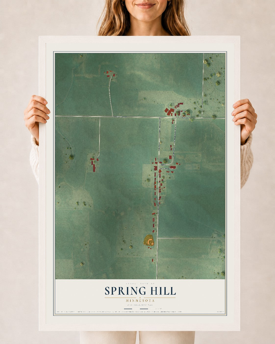 Map of Spring Hill, Minnesota, 24 x 36 inch print in a white wood frame