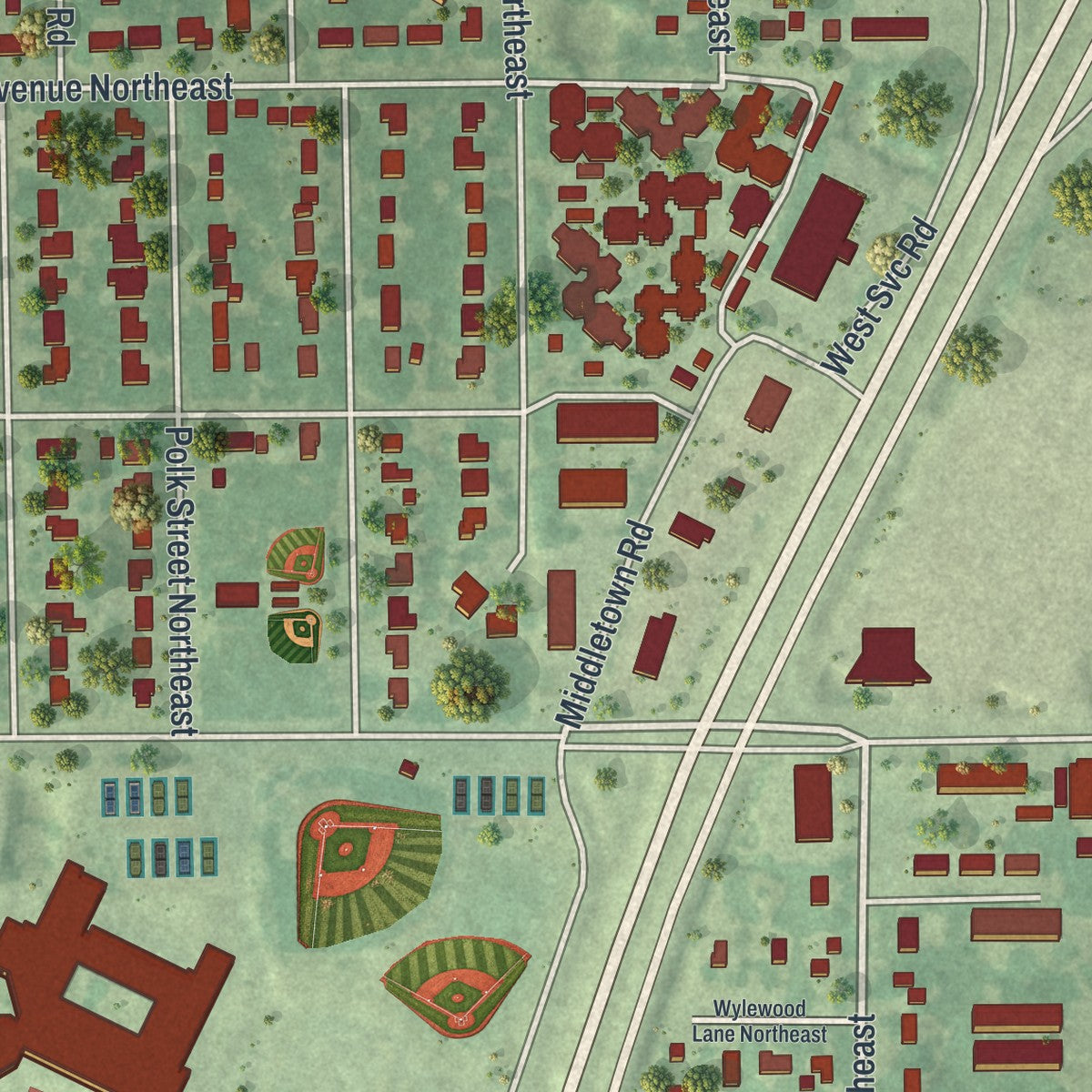 Second close-up of the map of Spring Lake Park, Minnesota print showing more streets and buildings