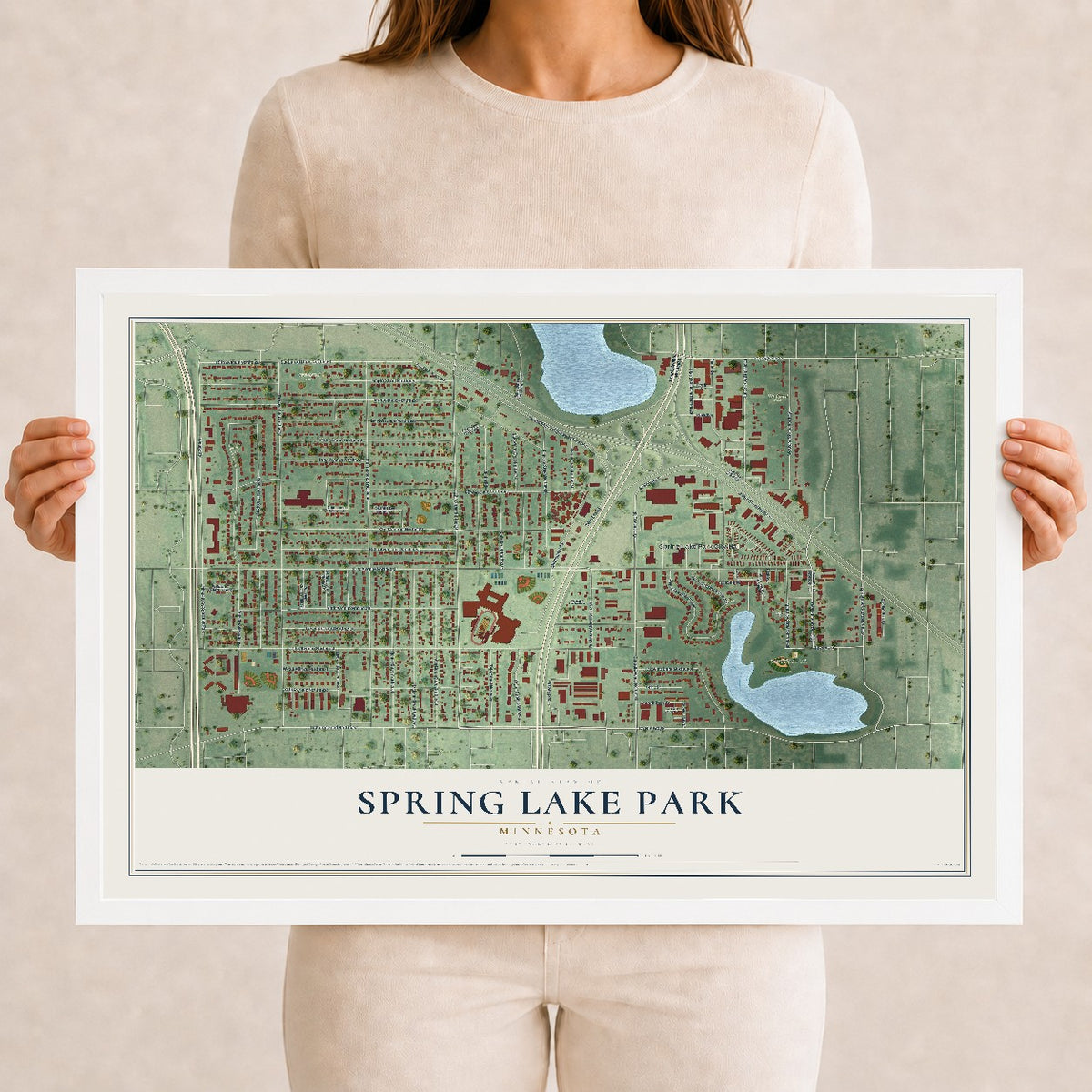 Map of Spring Lake Park, Minnesota, 12 x 18 inch print in a white wood frame