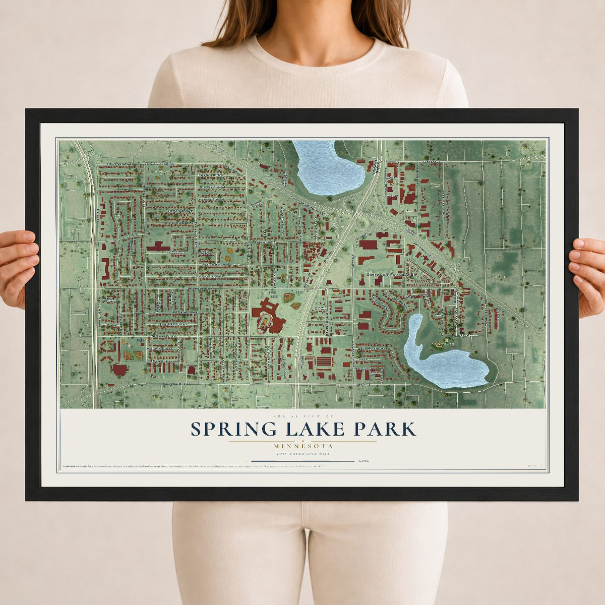 Map of Spring Lake Park, Minnesota, 18 x 24 inch print in a black wood frame