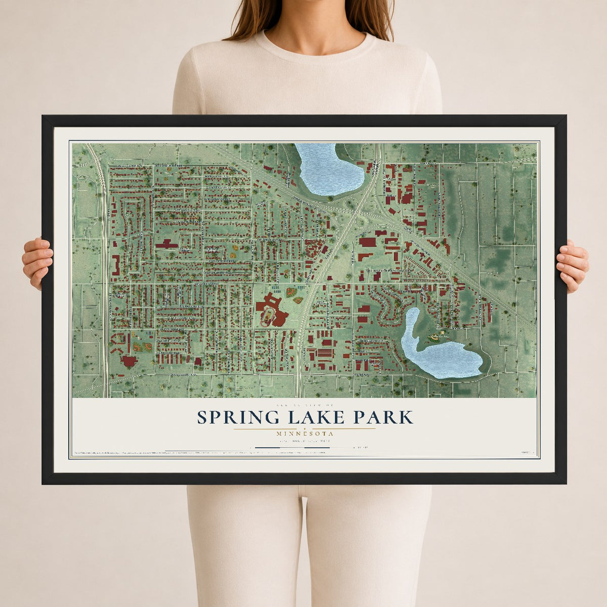 Map of Spring Lake Park, Minnesota, 24 x 36 inch print in a black wood frame