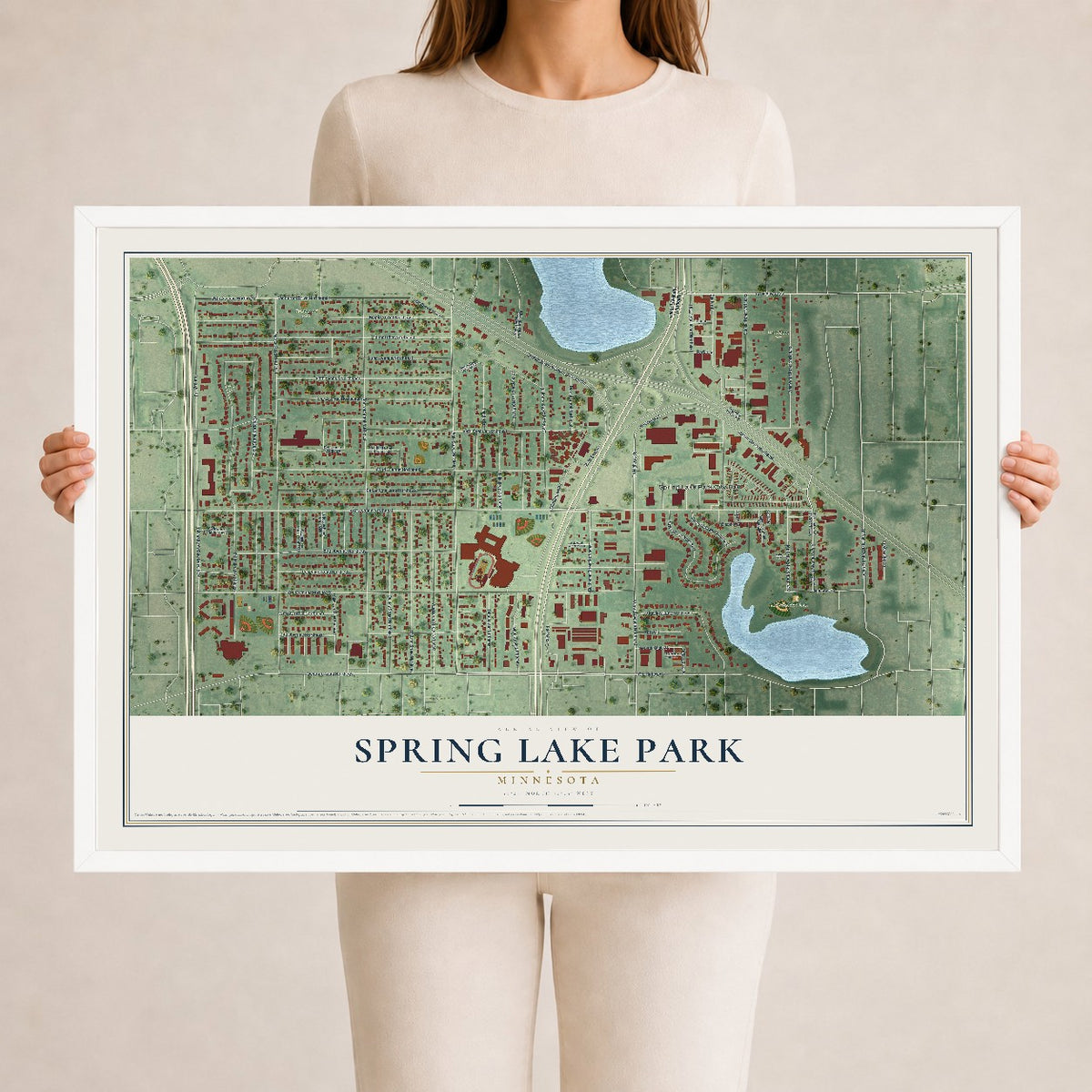 Map of Spring Lake Park, Minnesota, 24 x 36 inch print in a white wood frame