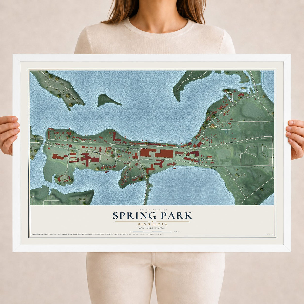 Map of Spring Park, Minnesota, 18 x 24 inch print in a white wood frame