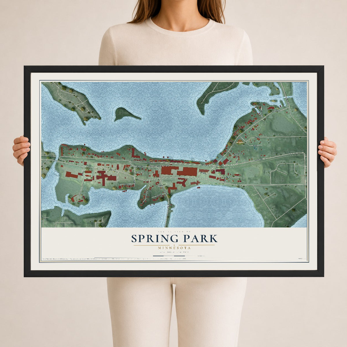 Map of Spring Park, Minnesota, 24 x 36 inch print in a black wood frame