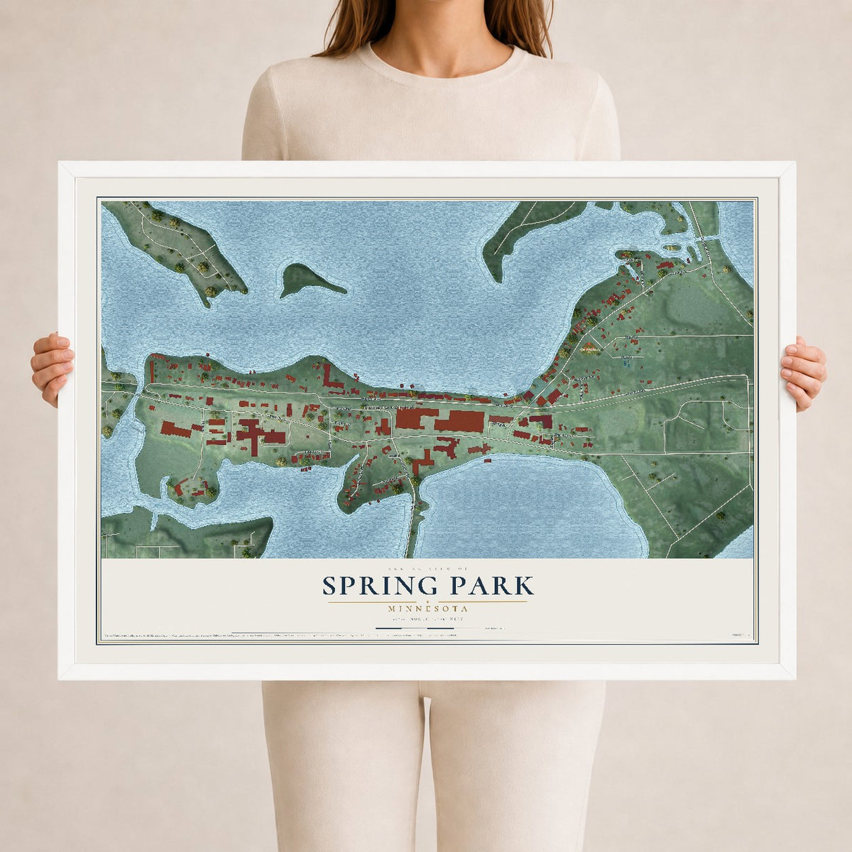 Map of Spring Park, Minnesota, 24 x 36 inch print in a white wood frame