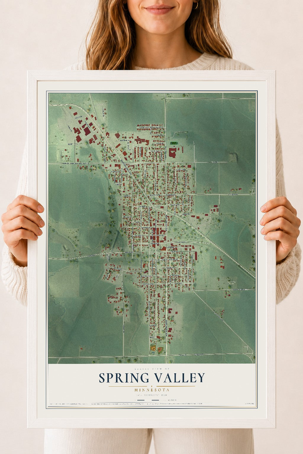 Map of Spring Valley, Minnesota, 18 x 24 inch print in a white wood frame