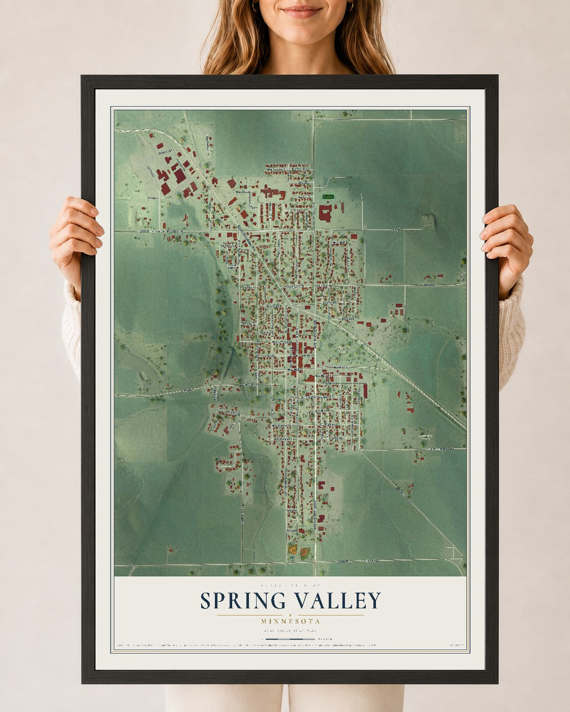 Map of Spring Valley, Minnesota, 24 x 36 inch print in a black wood frame