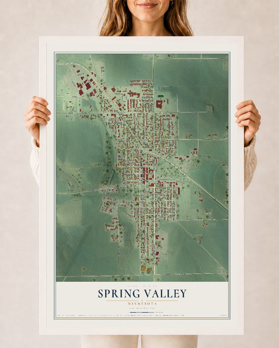 Map of Spring Valley, Minnesota, 24 x 36 inch print in a white wood frame