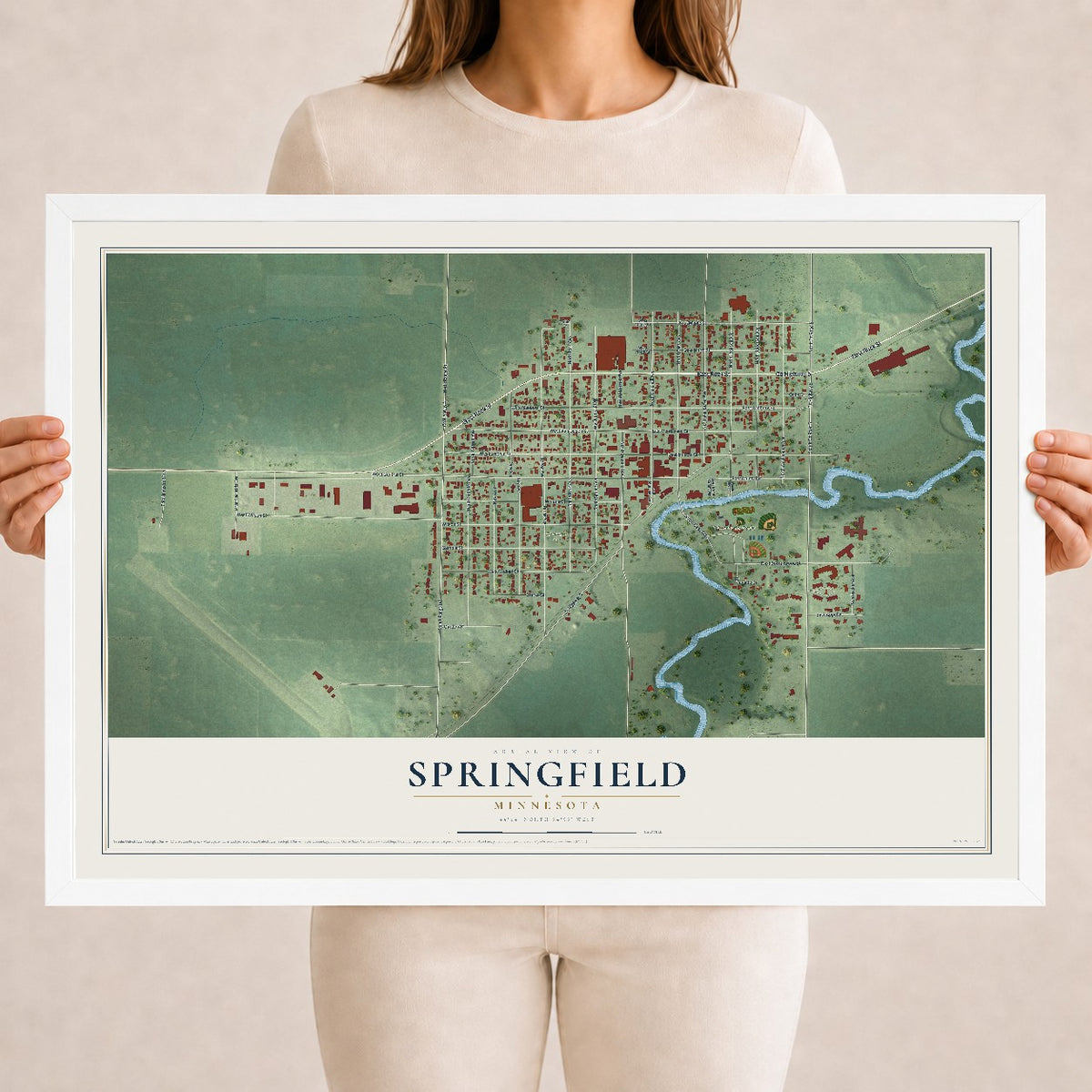 Map of Springfield, Minnesota, 18 x 24 inch print in a white wood frame