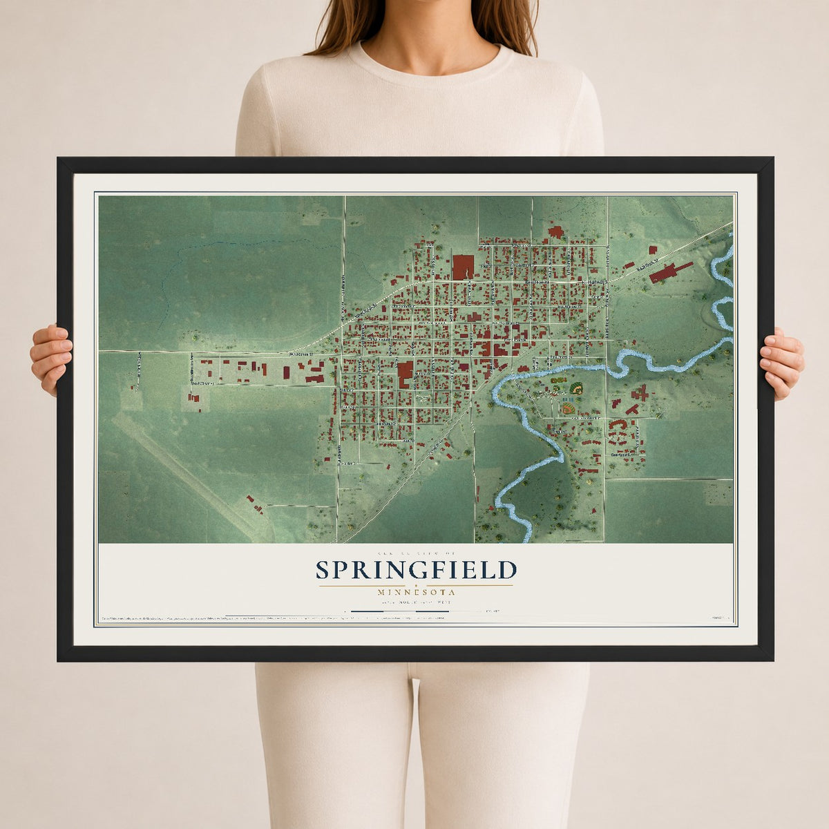 Map of Springfield, Minnesota, 24 x 36 inch print in a black wood frame