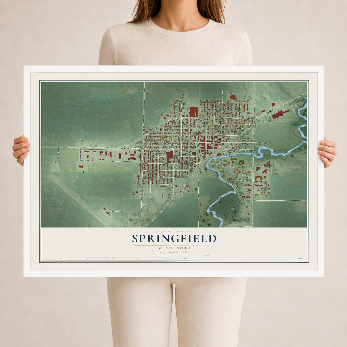 Map of Springfield, Minnesota, 24 x 36 inch print in a white wood frame
