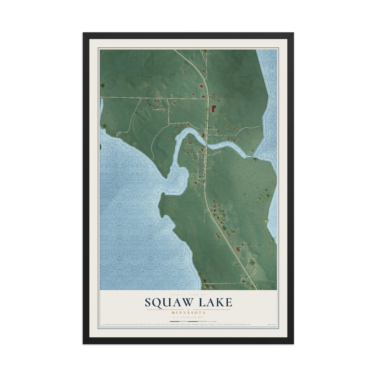 Map of Squaw Lake, Minnesota, 12 x 18 inch print in a black wood frame
