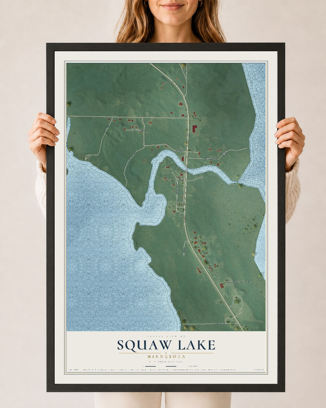 Map of Squaw Lake, Minnesota, 24 x 36 inch print in a black wood frame