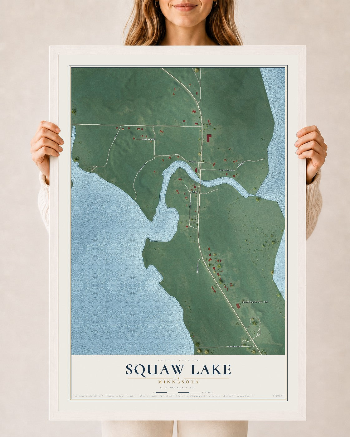 Map of Squaw Lake, Minnesota, 24 x 36 inch print in a white wood frame