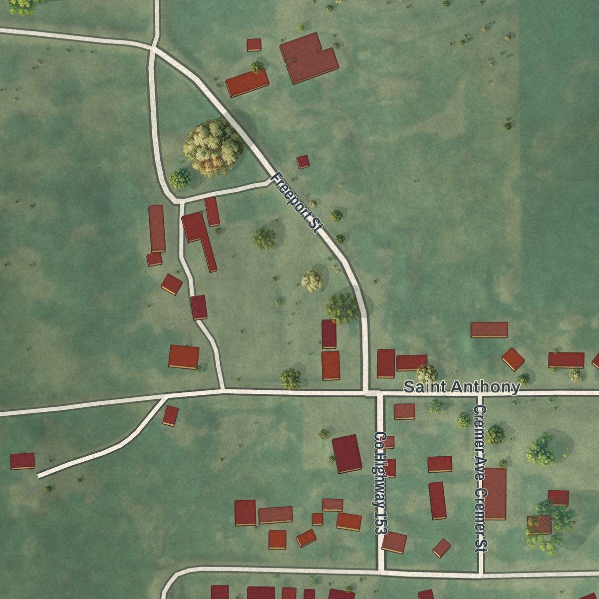 Close-up of the map of St. Anthony, Stearns County, Minnesota print showing street and building detail