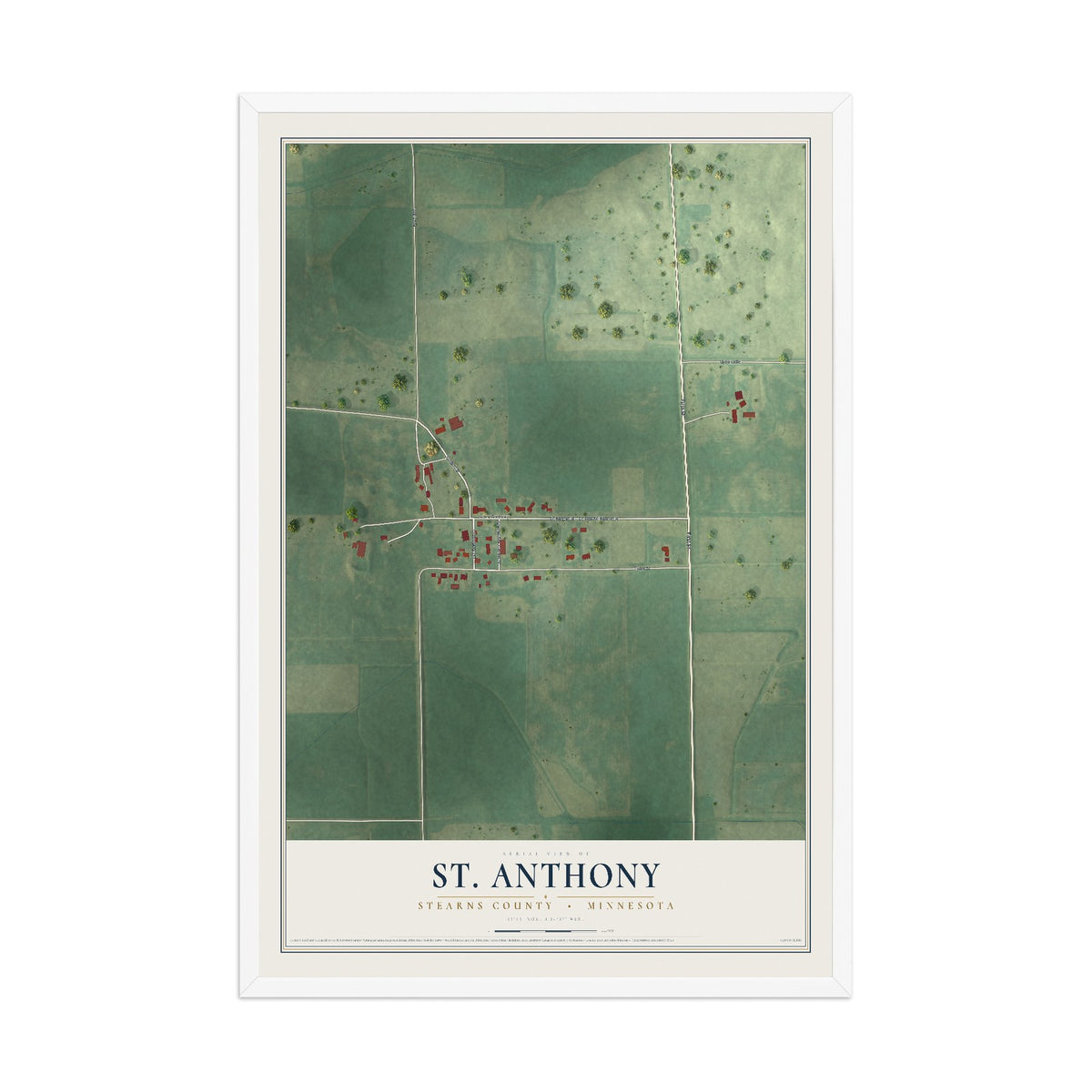 Map of St. Anthony, Stearns County, Minnesota, 12 x 18 inch print in a white wood frame