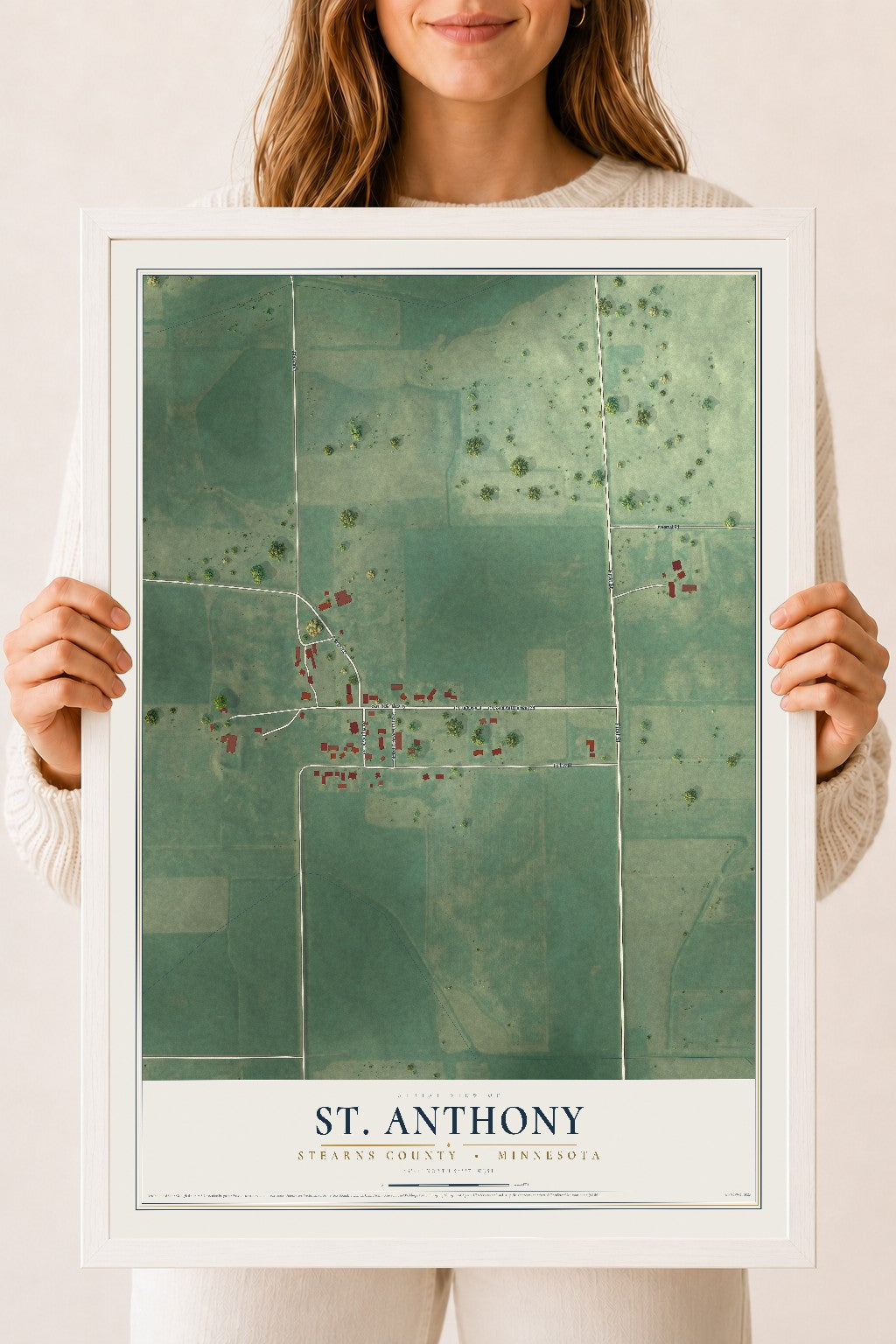 Map of St. Anthony, Stearns County, Minnesota, 18 x 24 inch print in a white wood frame