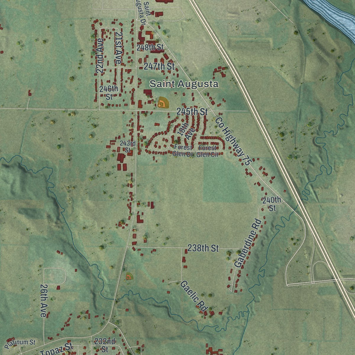 Close-up of the map of St. Augusta, Minnesota print showing street and building detail