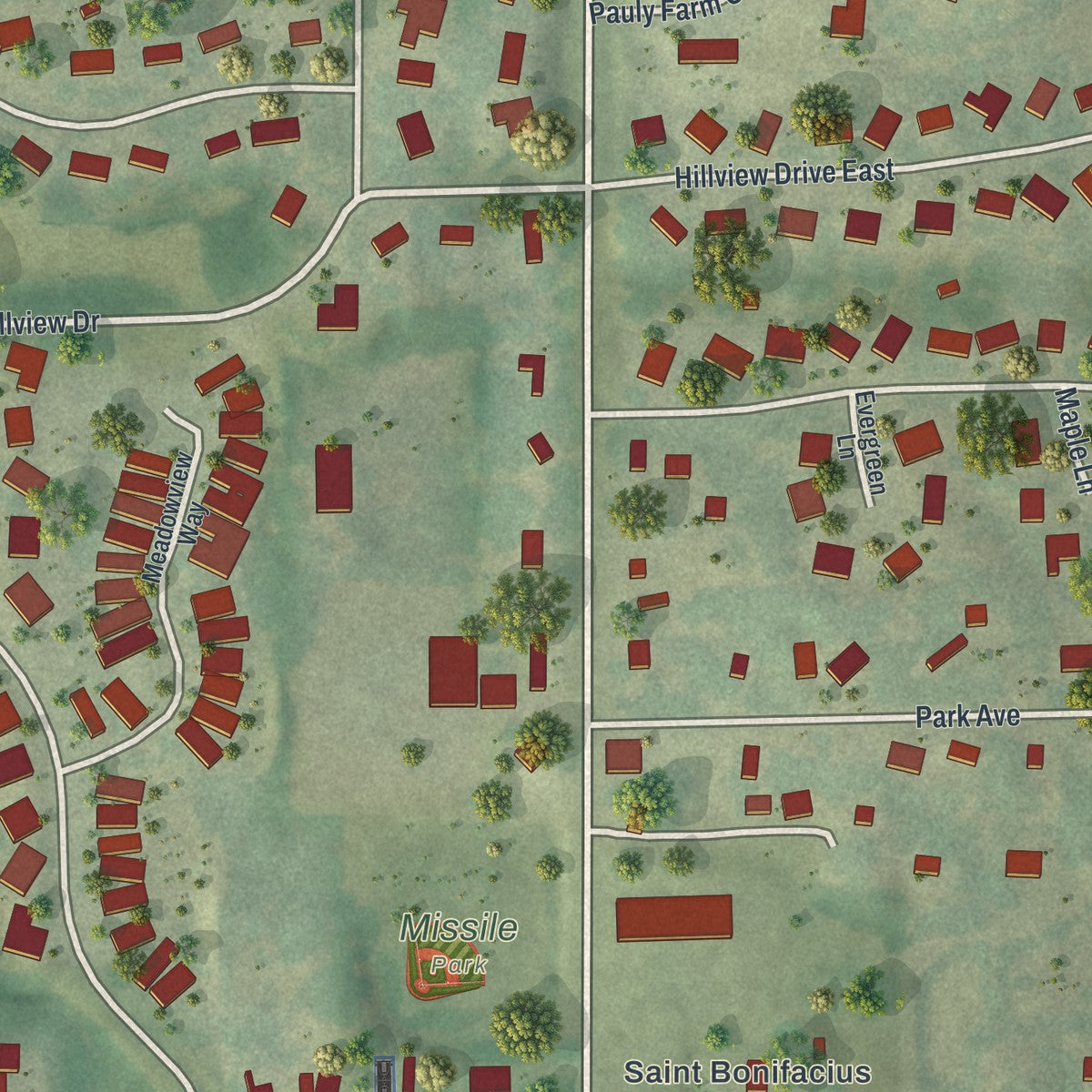 Close-up of the map of St. Bonifacius, Minnesota print showing street and building detail
