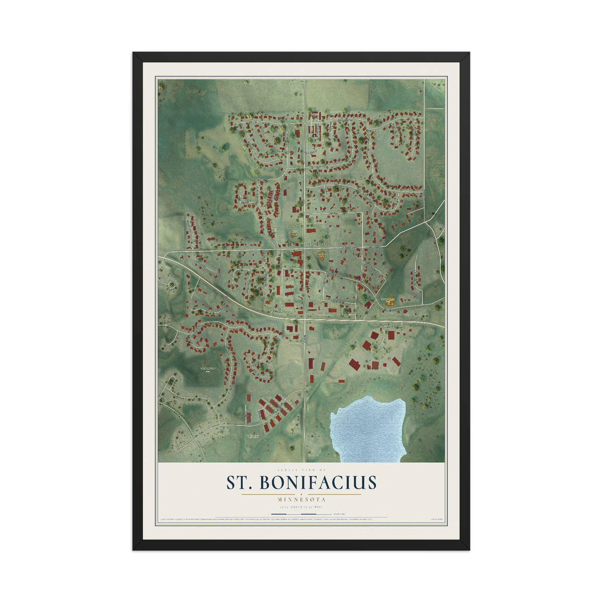 Map of St. Bonifacius, Minnesota, 12 x 18 inch print in a black wood frame