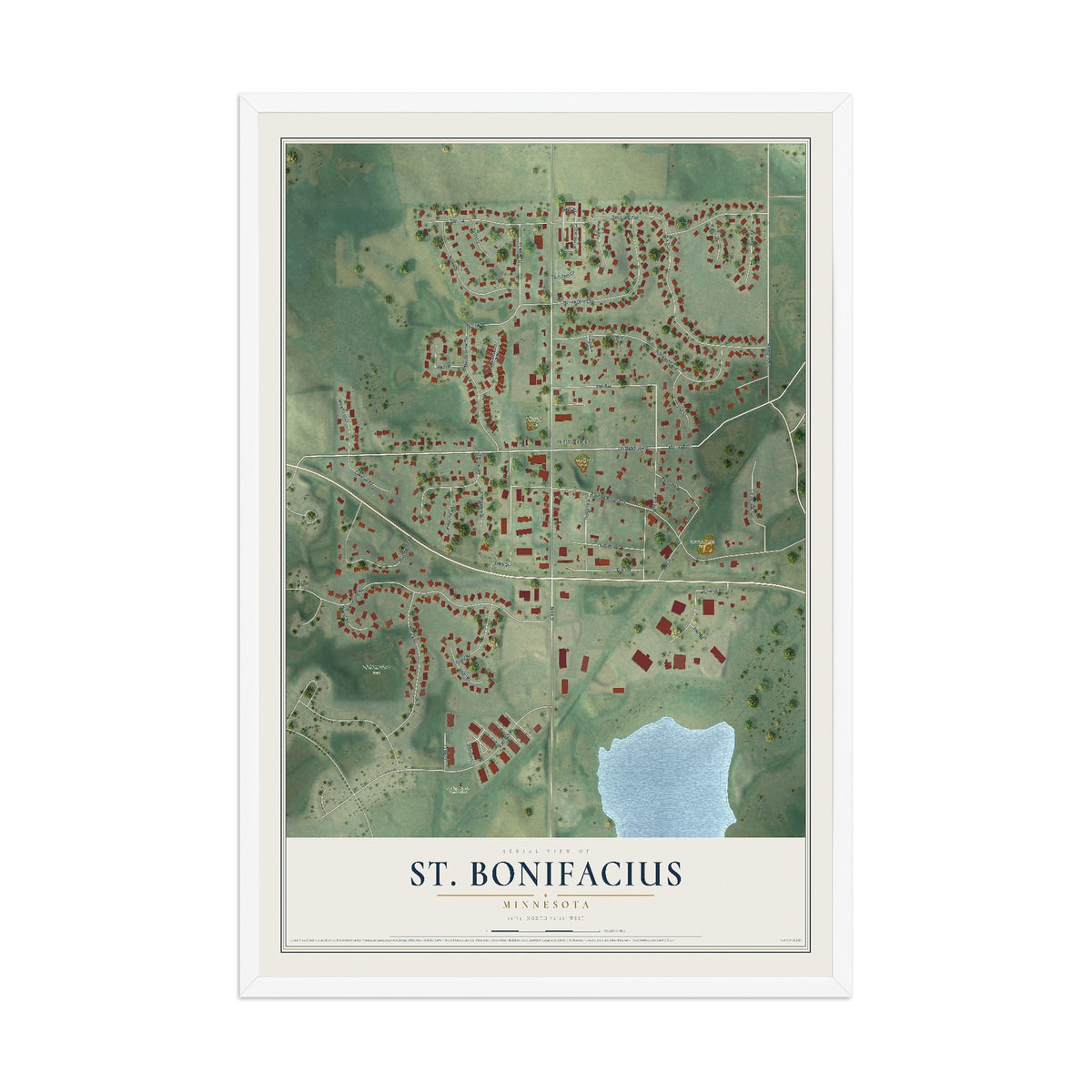Map of St. Bonifacius, Minnesota, 12 x 18 inch print in a white wood frame