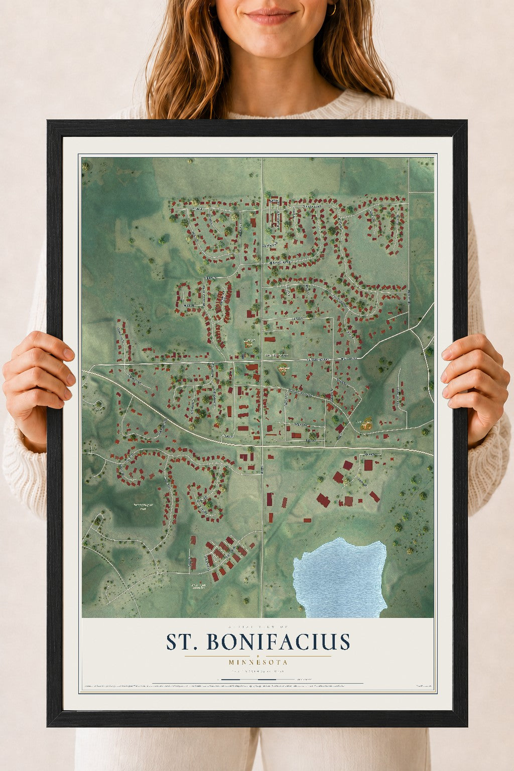 Map of St. Bonifacius, Minnesota, 18 x 24 inch print in a black wood frame