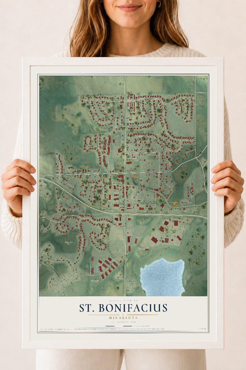 Map of St. Bonifacius, Minnesota, 18 x 24 inch print in a white wood frame