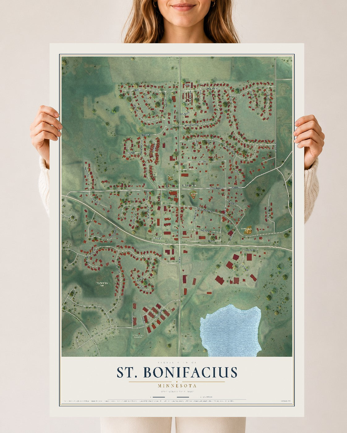 Map of St. Bonifacius, Minnesota, 24 x 36 inch unframed archival matte print