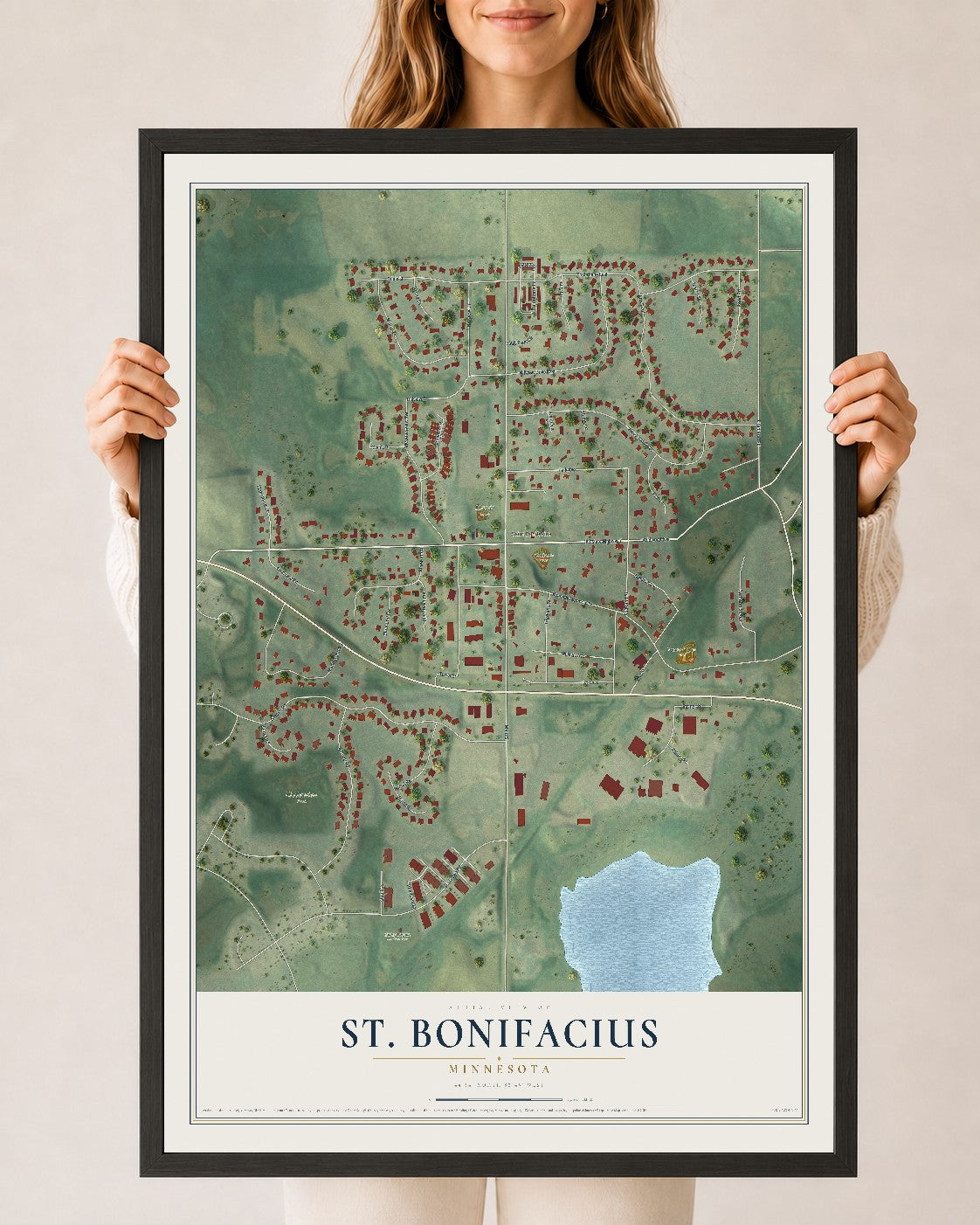 Map of St. Bonifacius, Minnesota, 24 x 36 inch print in a black wood frame