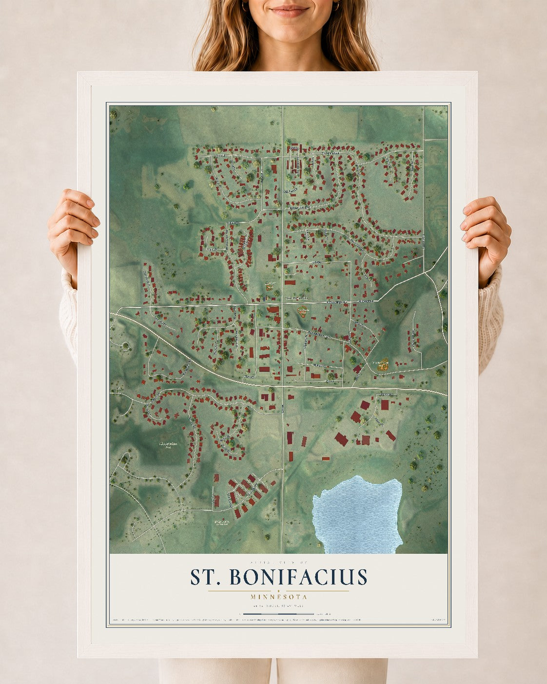 Map of St. Bonifacius, Minnesota, 24 x 36 inch print in a white wood frame