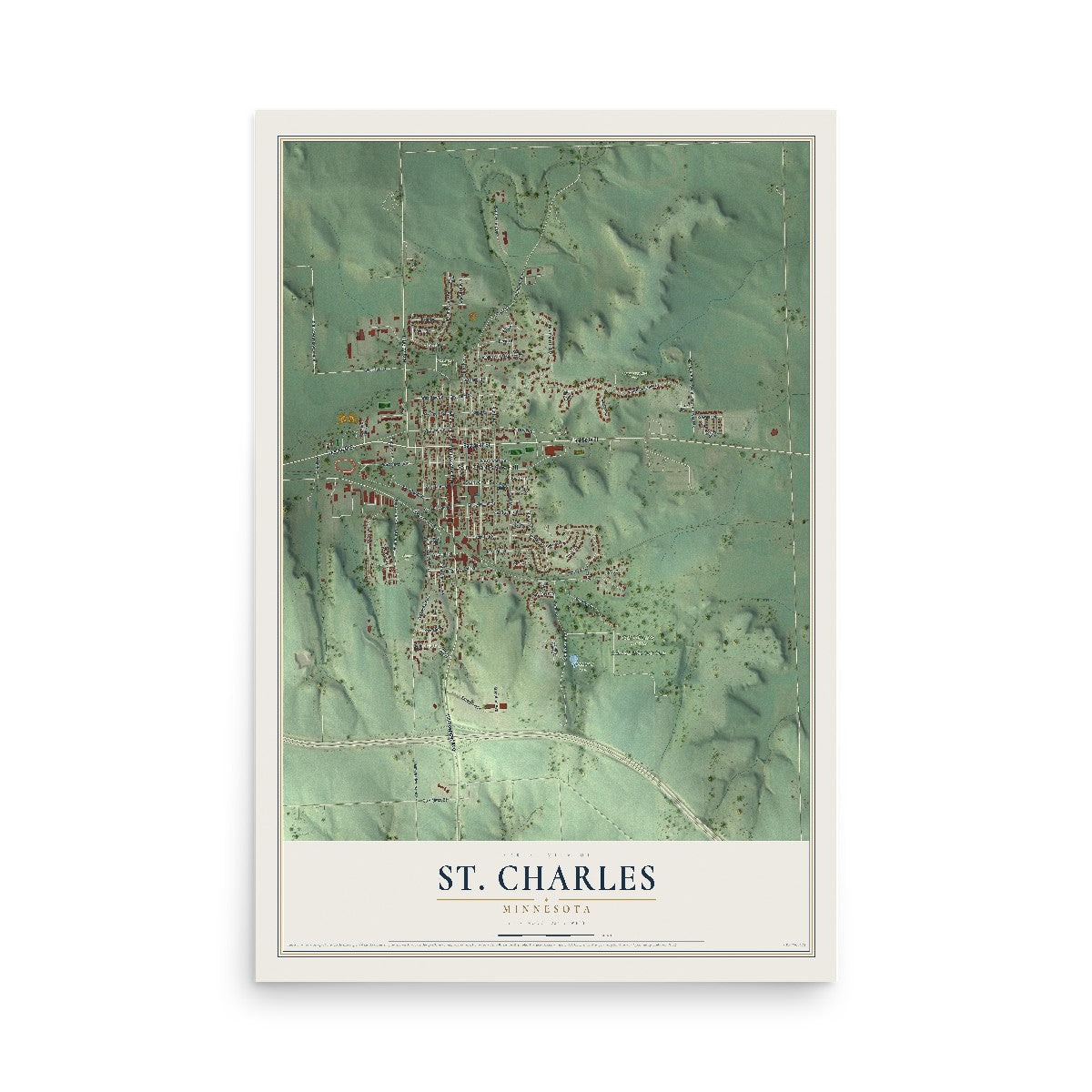 Map of St. Charles, Minnesota, 12 x 18 inch unframed archival matte print