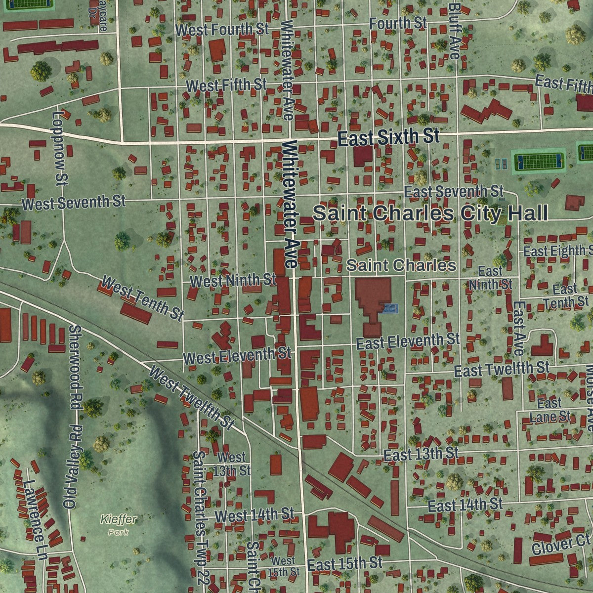 Close-up of the map of St. Charles, Minnesota print showing street and building detail