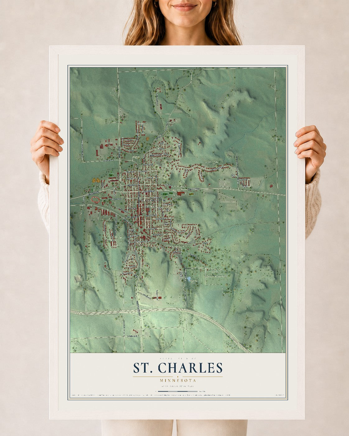 Map of St. Charles, Minnesota, 24 x 36 inch print in a white wood frame