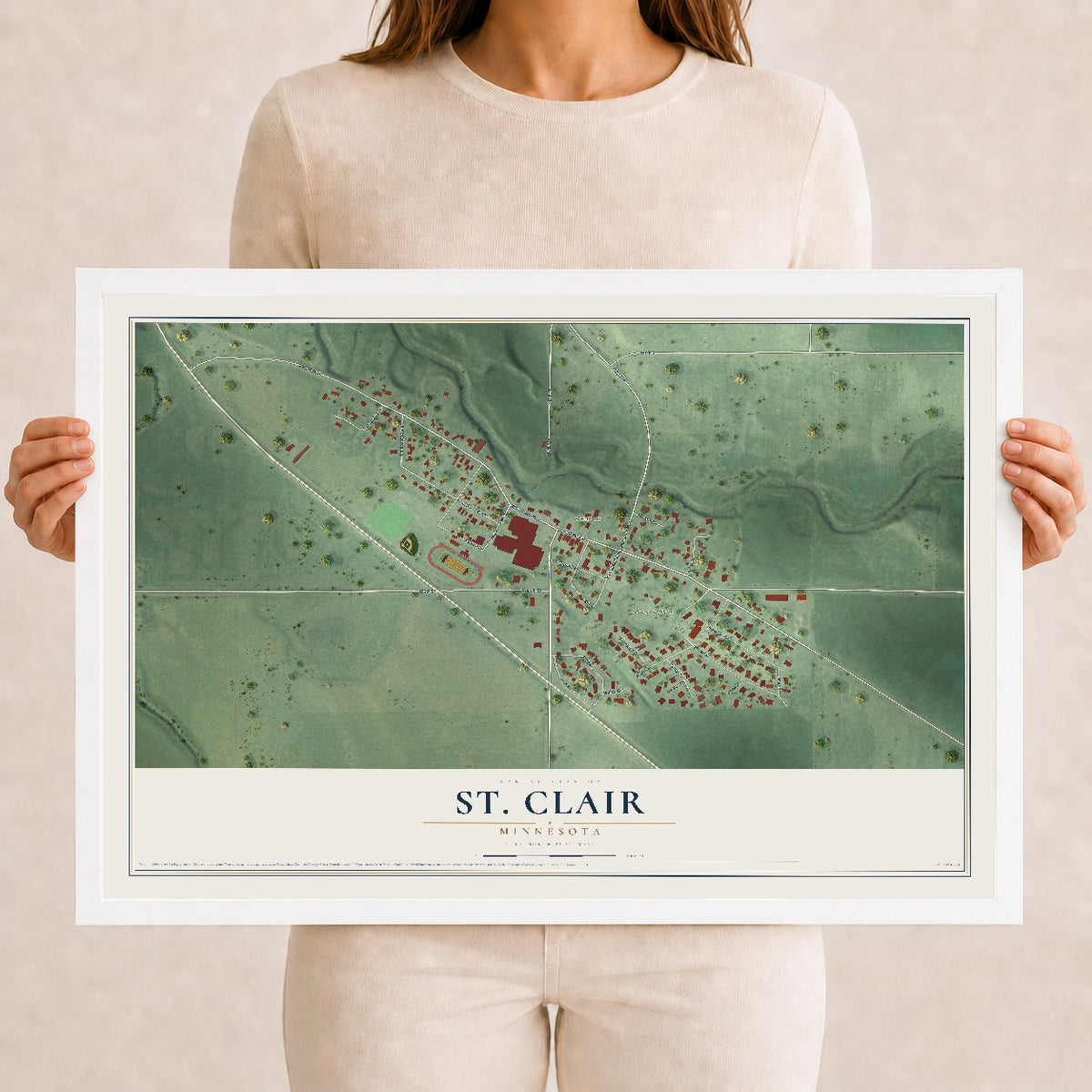 Map of St. Clair, Minnesota, 12 x 18 inch print in a white wood frame