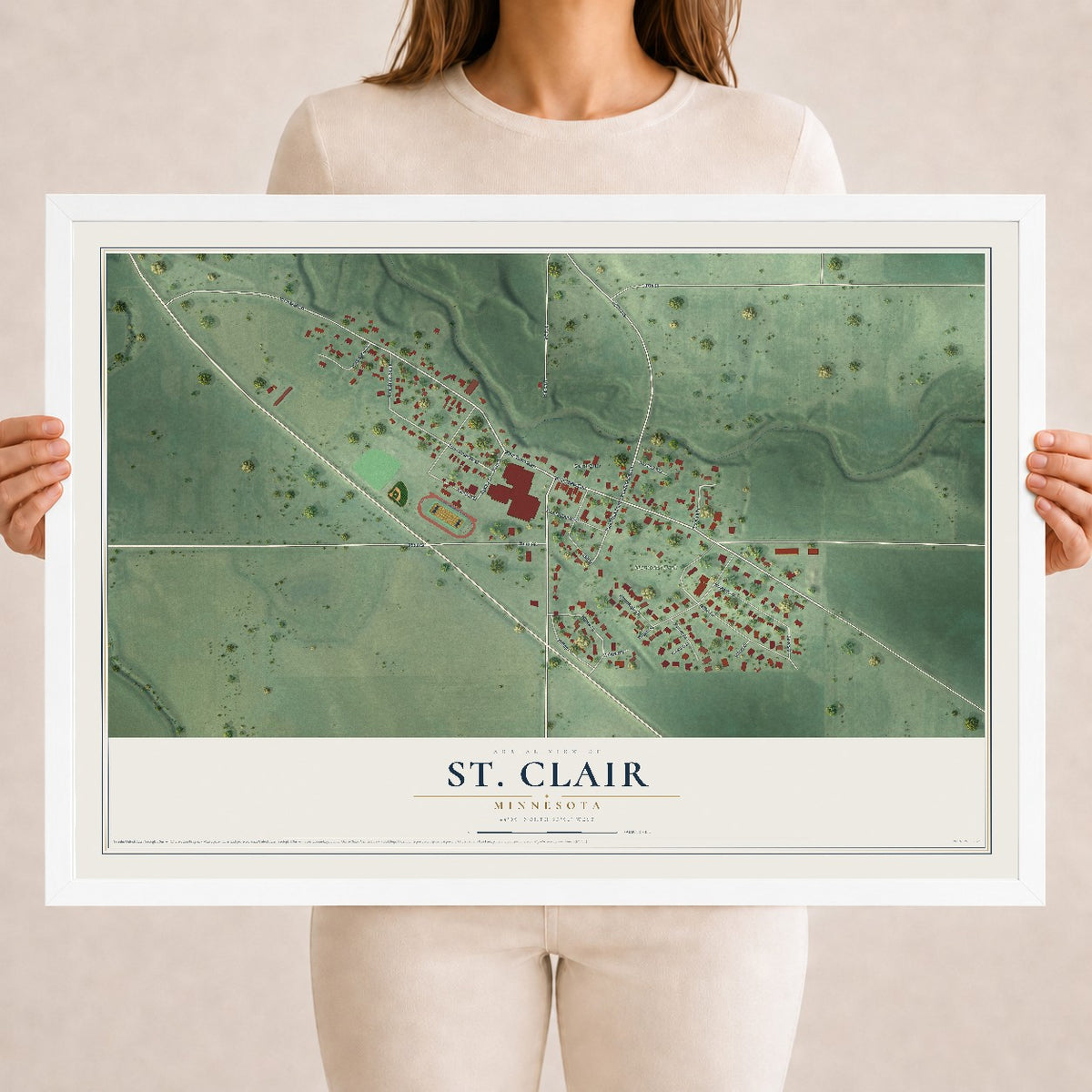 Map of St. Clair, Minnesota, 18 x 24 inch print in a white wood frame