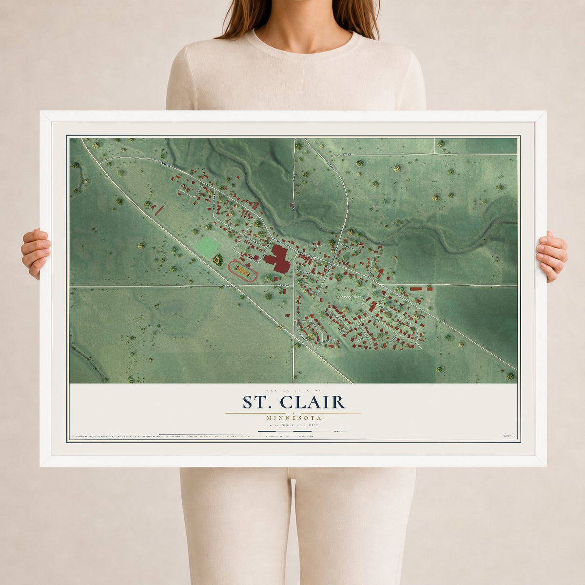 Map of St. Clair, Minnesota, 24 x 36 inch print in a white wood frame