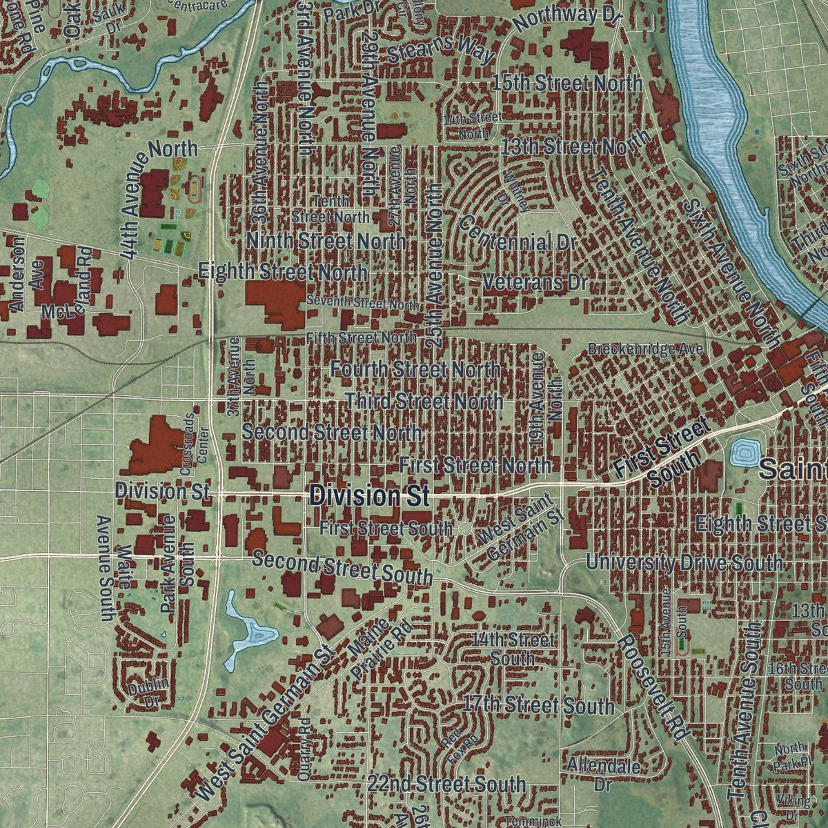 Close-up of the map of St. Cloud, Minnesota print showing street and building detail
